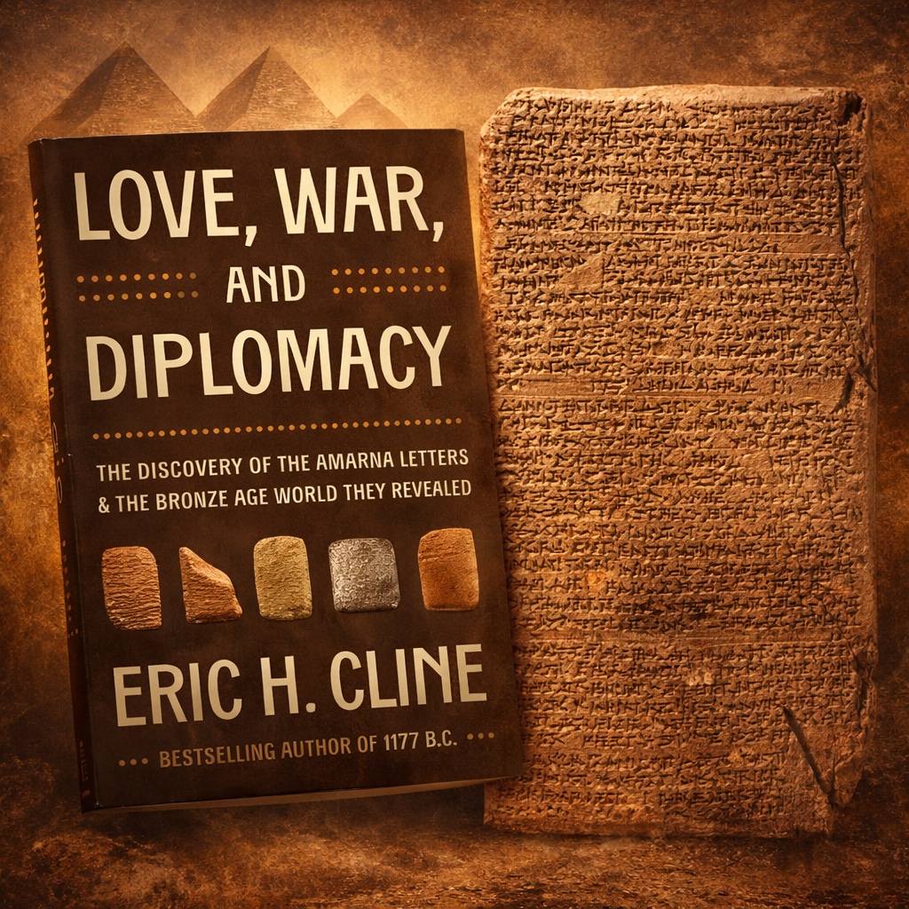 Love, War, and Diplomacy book cover beside an Amarna cuneiform tablet