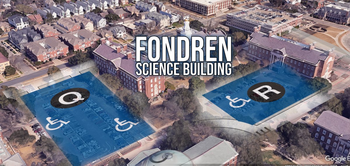 Map showing Fondren Science Building and parking lots Q and R at SMU